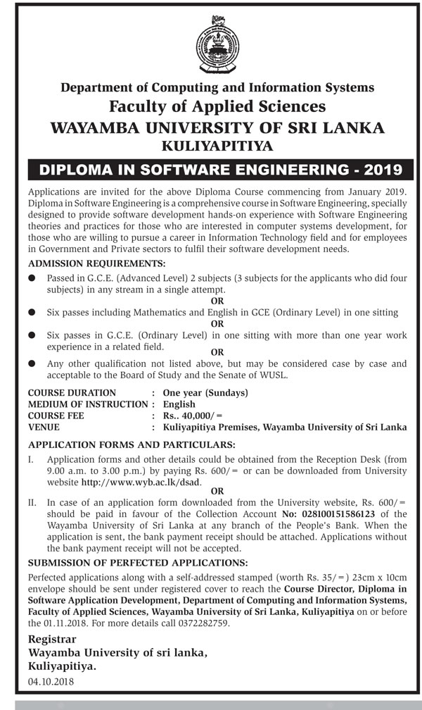 Diploma in Software Engineering - Faculty of Applied Science - Wayamba University of Sri Lanka